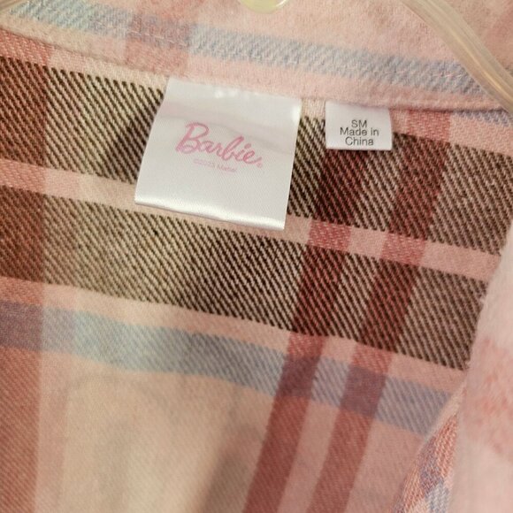 Mad Engine Pink Plaid Barbie Flannel Shirt Womens S/M Button Up Long Slv Pockets - Picture 4 of 9